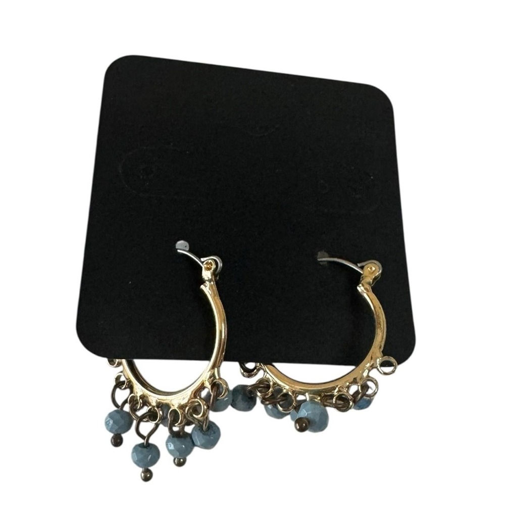 Gold Blue Beaded Hoop Earrings Boho Dangle Chandelier Y2K Retro Statement